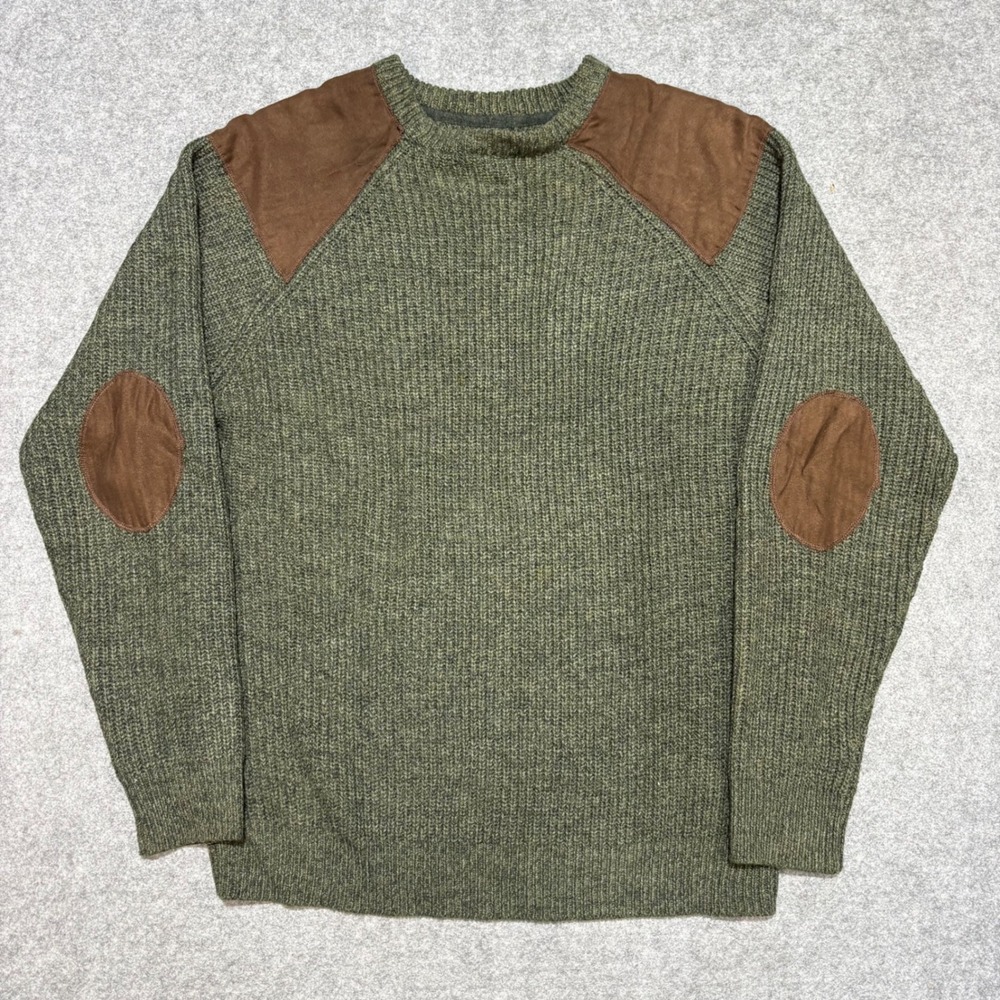 Weatherproof Mens XL Green Ribbed Knit Sweater Suede Shoulder Elbow Patches